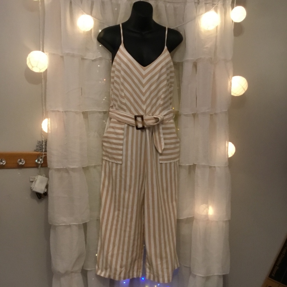 Derek heart Tan Stripped belted Jumpsuit With Pockets Size L